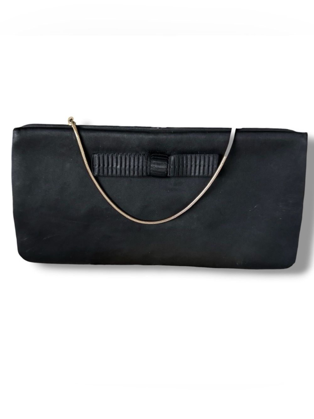 Vintage 1950s 60s Black Satin Bow Evening Clutch Gold Chain Coin Purse USA